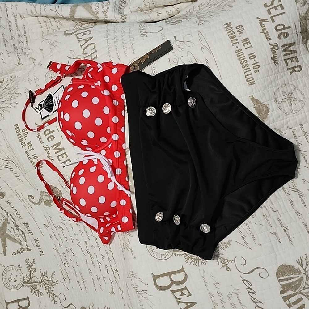 NEW WITH TAGS💟 2 Pc Retro Style Swim Suit Red Polka Dots & Black Bottoms Sz 14